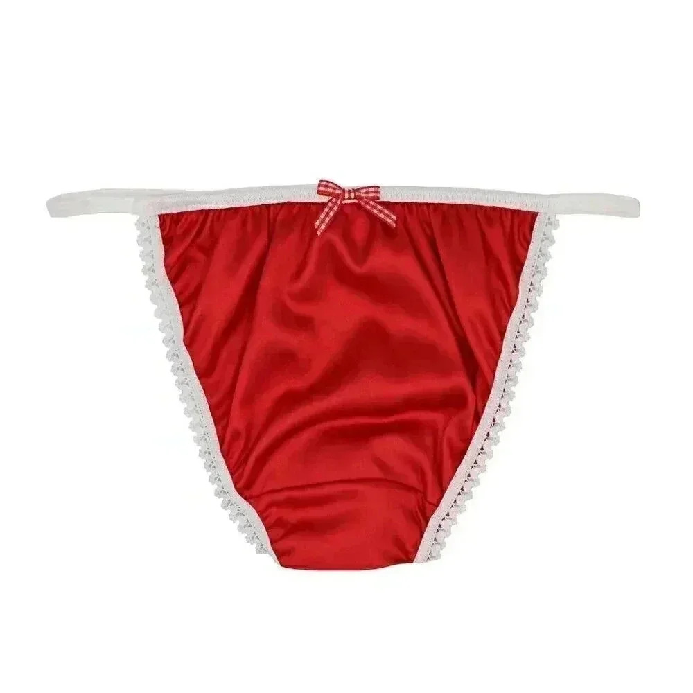 Reworked Red & Blue Kitty Gingham Bow Satin Briefs Size Small honeymoon lingerie - Picture 3 of 3